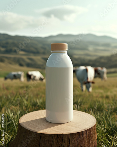 A bottle of milk on a stand, in the background there is a beautiful meadow with green grass and cows, an illustration for advertising proper nutrition and health. Modern agriculture.