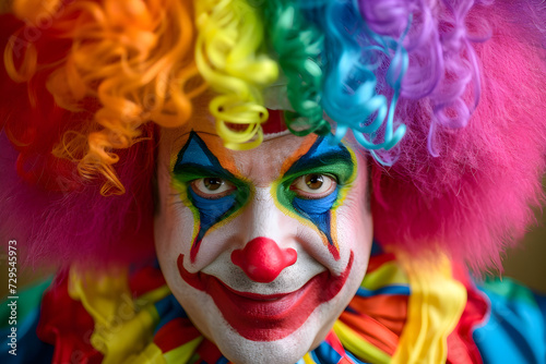 Close-up clown in a bright wig