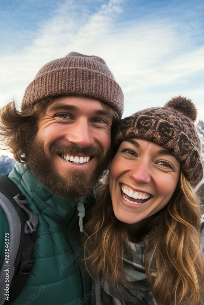 Couple of hiker trekking traveler enjoy adventure lifestyle and take selfie picture on the top of the mountain with cold wear equipment and big smile together. Adventure traveler people smiling