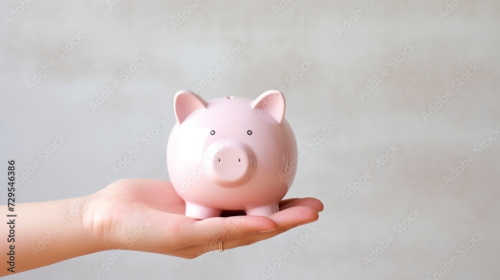 Pink piggy bank in woman's hand