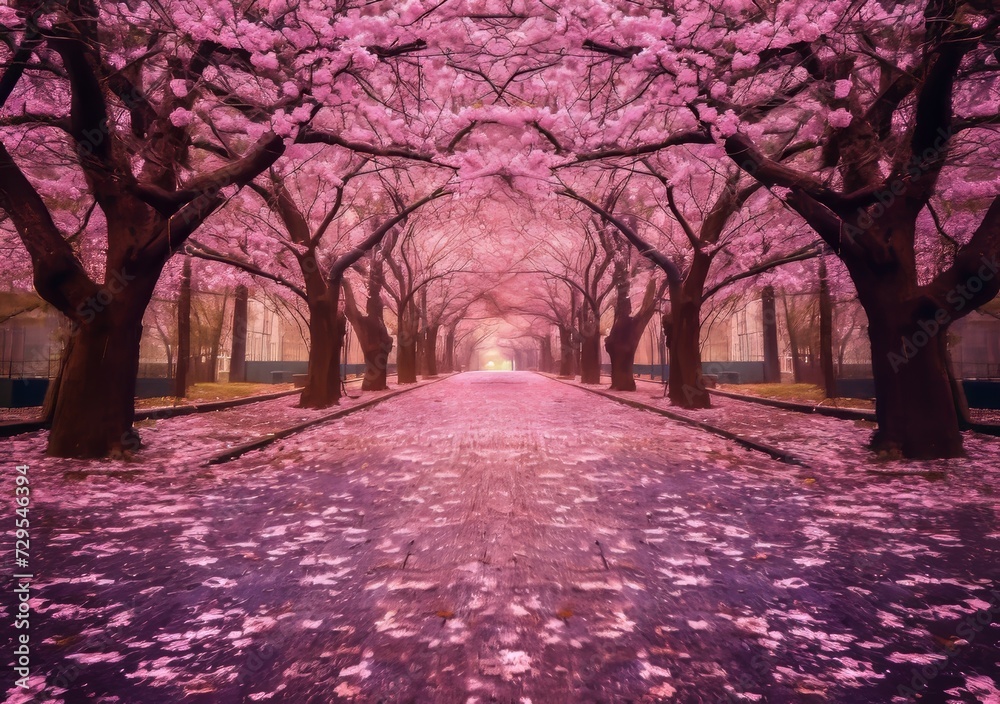 Blossom-Adorned Tree-Lined Road