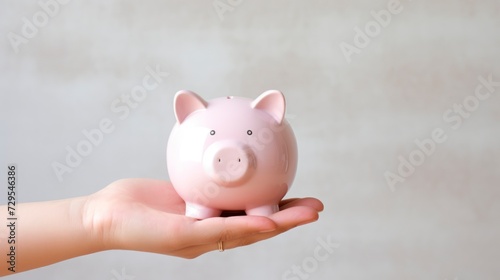 Pink piggy bank in woman's hand photo