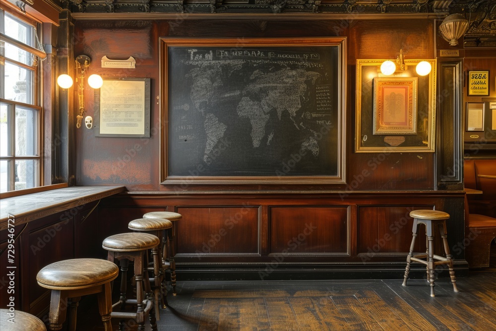 Interior of a pub with bar chairs and blackboard on the wall