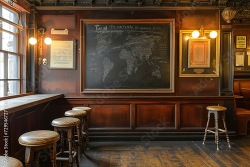 Obraz na płótnie Interior of a pub with bar chairs and blackboard on the wall w salonie