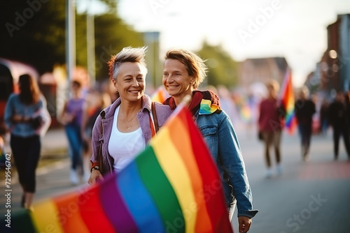 smiling elderly woman carrying the rainbow flag in the street.