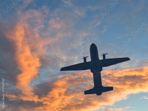 airplane, propeller, military, transport, sky, clouds, sunset, w