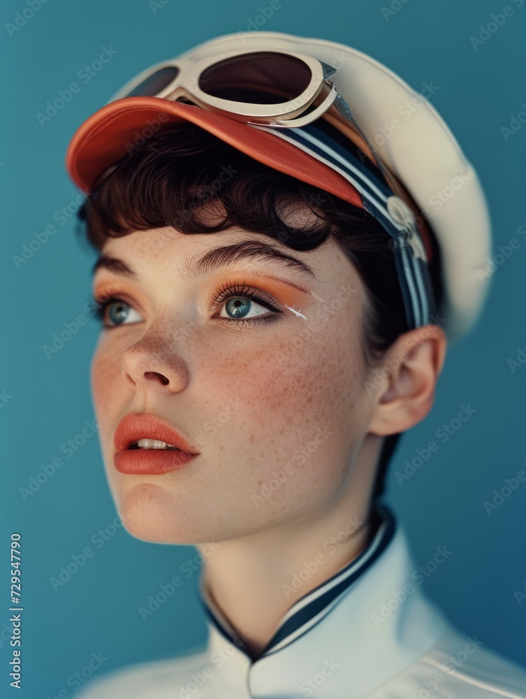 Fashionable model with white-rimmed goggles and a cap, looking upward with a dreamy expression.
Fashionable model with white-rimmed goggles and a cap, looking upward with a dreamy expression.