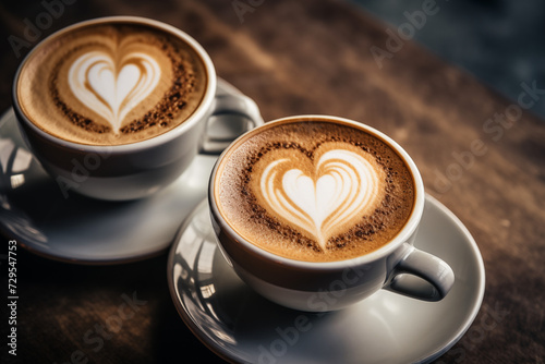 Two cappuccinos on a rustic table  heart-shaped latte art. Concept for coffee lovers  romantic moments. Copy space available.