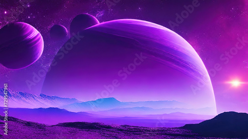 Awesome Space background with purple planet landscape, stars, satellites and alien planets in sky