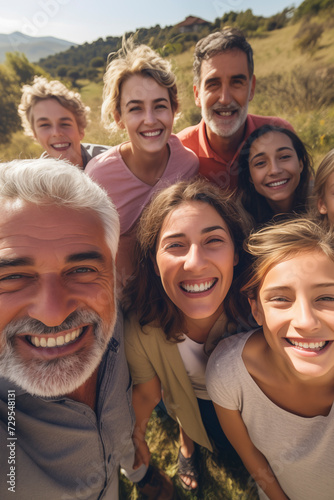 Group of people mixed generations from mature to children taking selfie picture in outdoor leisure activity all together in friendship. Concept of large family and elderly to teenager lifestyle