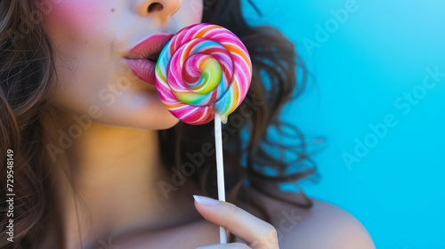 Young stylish woman in casual on multi-color background with coloful lollipop licking happy copy space. Girl licking colorful lollipop. Beautiful happy girl with a big candy.