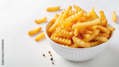 On a white backdrop featuring a bowl of french fries chopped into curls and space, Generative AI.