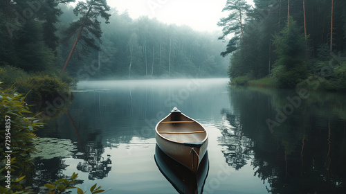 Canoe on a tranquil forest lake