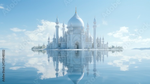 Large white mosque on a calm body of water.