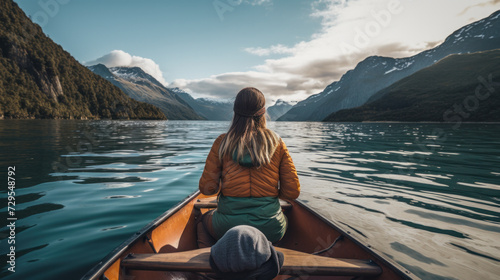 Back view of a woman rowing in a kayak in a beautiful lake
