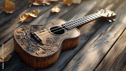 Handcrafted acoustic guitar on wooden surface amidst autumn leaves. perfect for music themes and rustic settings. AI
