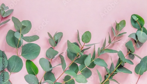 eucalyptus leaves and branches on pastel pink background eucalyptus branches pattern flat lay top view copy space banner
