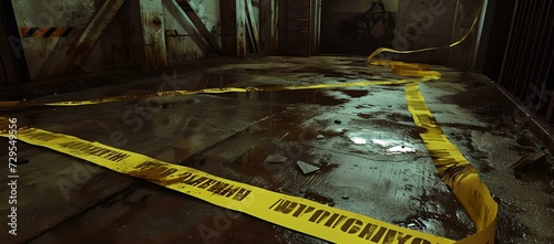 Dark gritty crime scene with caution tape, eerie mood. urban mystery, ominous atmosphere. perfect for thrillers. AI photo