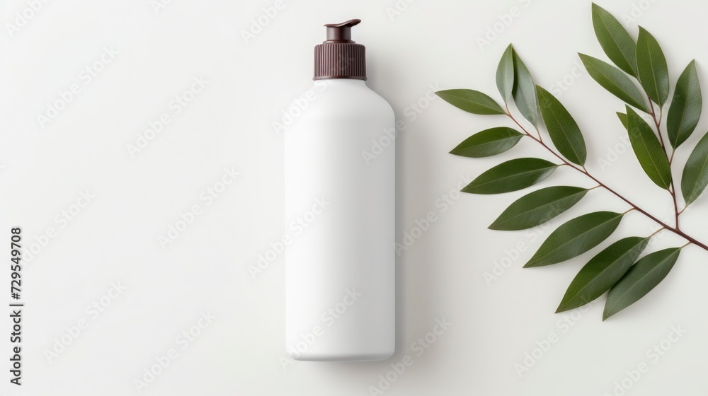 Cosmetic bottle on white background with green leaves Cosmetic bottle on white background with green leaves