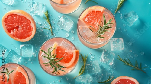 Summer grapefruit drink with ice cubes, rosemary and grapefruit on a beautiful blue background .generative Ai