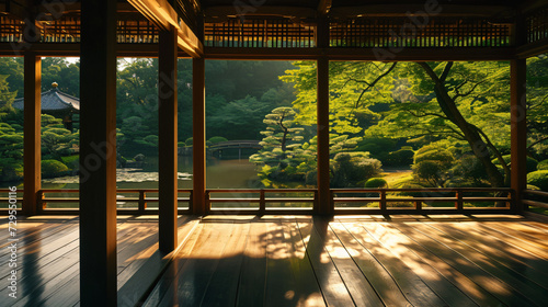 A serene image of a traditional Japanese garden viewed through the elegant simplicity of a wooden pagoda.