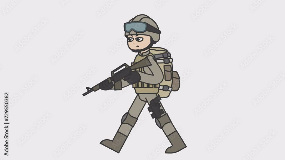 2d animation of walking white male soldier holding an automatic gun. Looped 4K video with alpha-channel. 2d animation of walking white male soldier holding an automatic gun. Looped 4K video with alpha-channel.