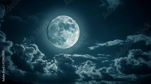 full moon in dark sky with clouds in