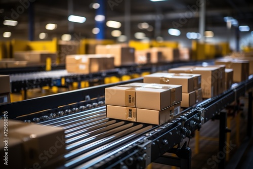 Automated Transport: Boxes Move Across a Conveyor Belt in a Warehouse, Showcasing Technology-Driven Logistics Solutions © Dejan