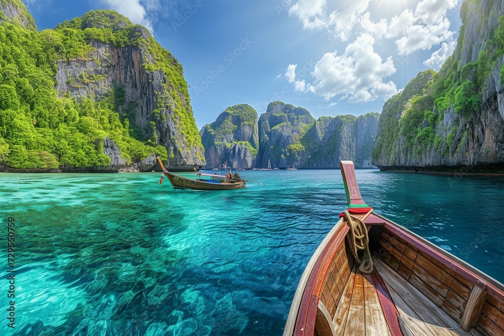 Panorama amazed nature scenic landscape Maya Bay with boat for traveler, Attraction famous popular place tourist travel Phuket Thailand beach summer vacation trips, Tourism beautiful destination Asia - obrazy, fototapety, plakaty 
