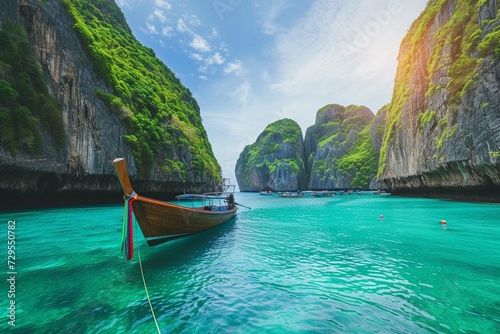 Panorama amazed nature scenic landscape Maya Bay with boat for traveler, Attraction famous popular place tourist travel Phuket Thailand beach summer vacation trips, Tourism beautiful destination Asia © Areesha