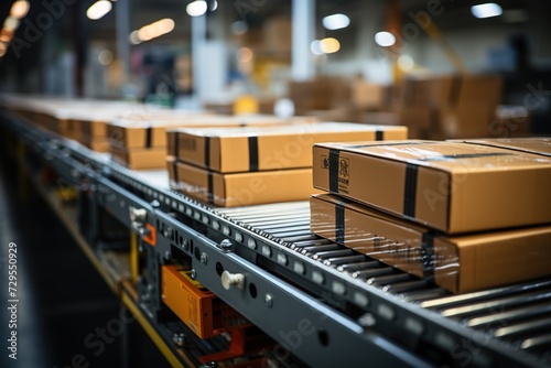 Streamlined Distribution: A Conveyor Belt Moves Boxes in a Warehouse, Demonstrating Efficient and Timely Shipping Processes