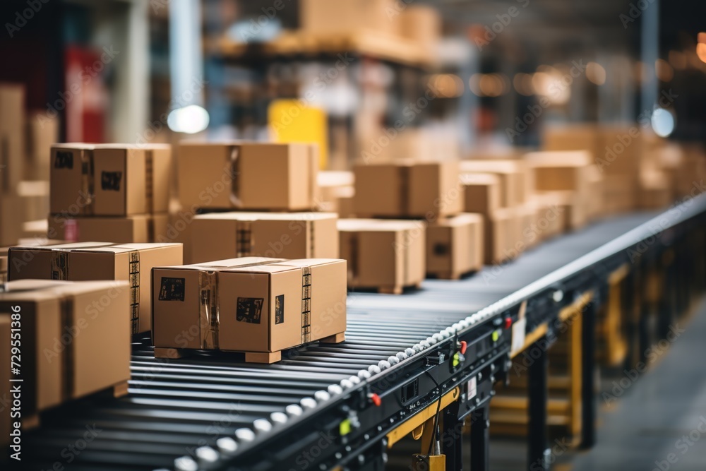 Logistics Automation: A Conveyor Belt Moves Boxes with Precision in a Warehouse, Showcasing Modernized and Streamlined Operations Logistics Automation: A Conveyor Belt Moves Boxes with Precision in a Warehouse, Showcasing Modernized and Streamlined Operations