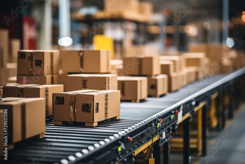 Logistics Automation: A Conveyor Belt Moves Boxes with Precision in a Warehouse, Showcasing Modernized and Streamlined Operations