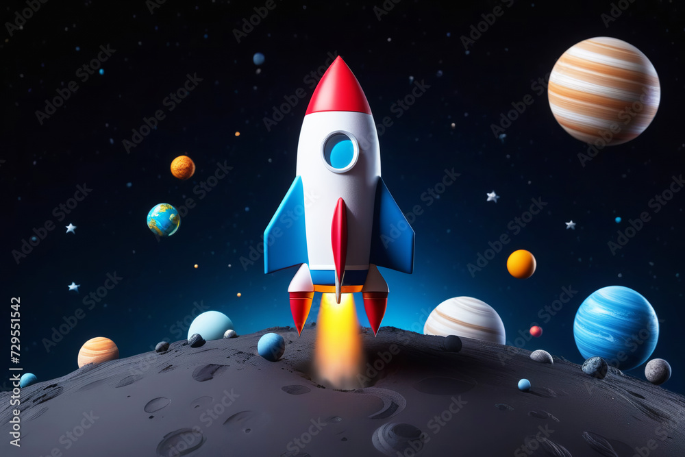 3D drawing of a space rocket in space against the background of the starry sky. A cartoon image of a spaceship.