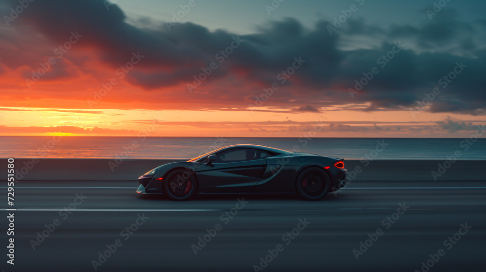 A sleek modern sports car racing down a coastal highway at sunset.