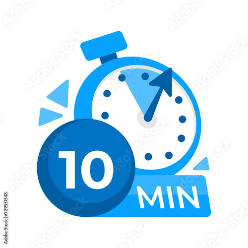 10 minutes timer. Stopwatch icon 10 min. Clock and watch limited cooking time. Vector illustration.