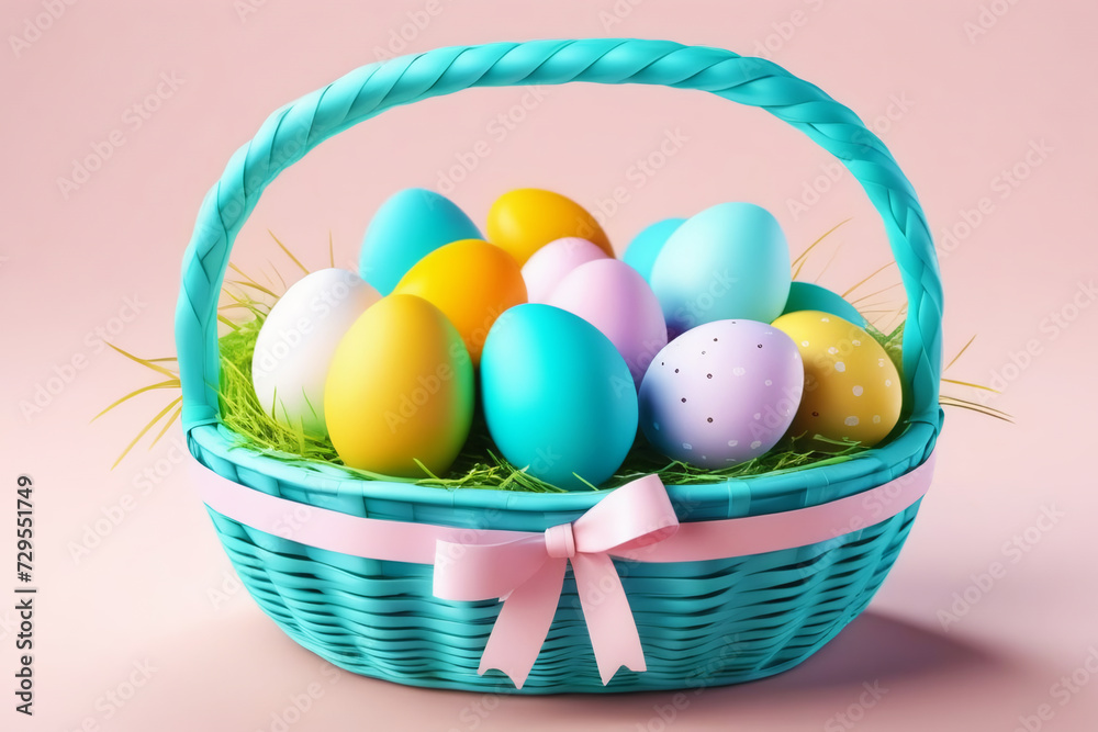 wicker basket filled with vibrant, painted eggs rests on a soft, pastel-coated surface, symbolizing Easter celebration.