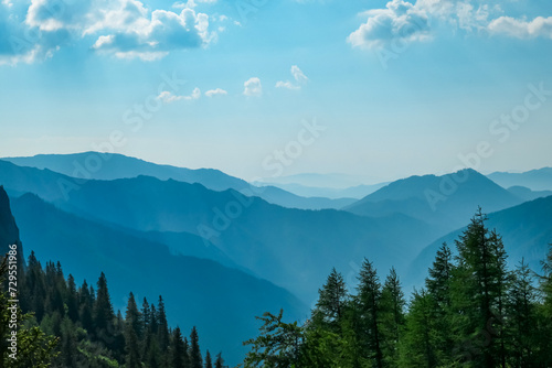 Idyllic alpine meadow of Hauslalm with scenic view of Muerztal valley, Hochschwab mountains, Styria, Austria. Wanderlust in wilderness of Austrian Alps, Europe. Hiking trail in Obersteiermark, summer