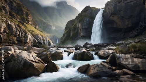 Dramatic waterfall cascading over jagged rocks