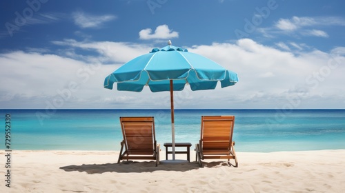 Beach chairs and umbrella on the tropical beach with blue sky background