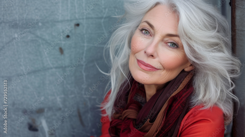 Fototapeta premium Outdoor portrait of a beautiful older woman with platinum blond hair and a youthful complexion. She is standing against a blue wall.