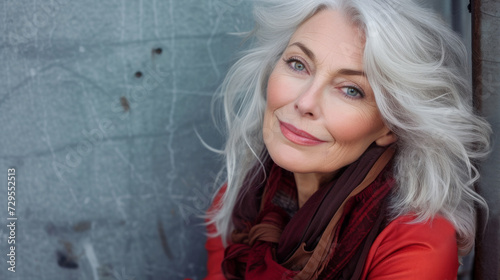 Outdoor portrait of a beautiful older woman with platinum blond hair and a youthful complexion. She is standing against a blue wall.