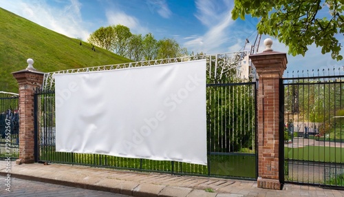 layered fabric banner mockup vinyl banners printing grommet mockup corporate outdoor banner horizontal banner mockup hanging outside fabric scrim vinyl banner hanging on the fence photo