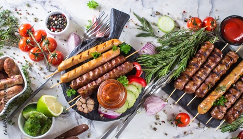 assortment various barbecue food grill meat bbq party fest shish kebab sausages grilled meat fillet fresh vegetables sauces spices white marble background above copy space