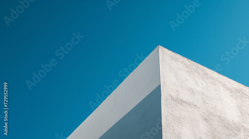 A minimalist architectural detail showing the contrast between a white concrete wall and a deep blue sky.