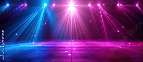 Neon Blue pink violet stage lighting illuminated, lens flare effect, shining star rays.AI generated photo