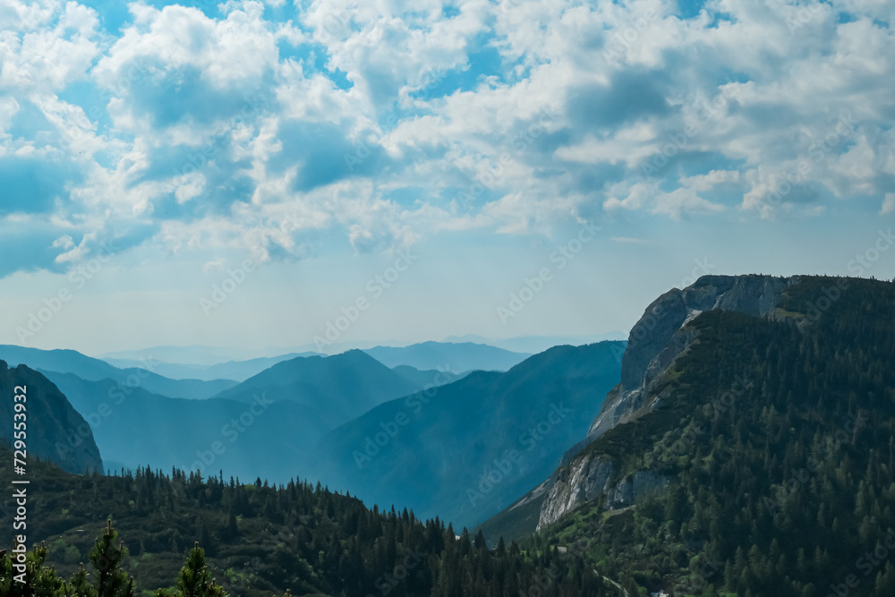 Scenic view of majestic Buchbergkogel seen from Hauslalm in Hochschwab mountains, Styria, Austria. Wanderlust in wilderness of Austrian Alps, Europe. Panorama of Fischbacher Alpen and Muerztal valley