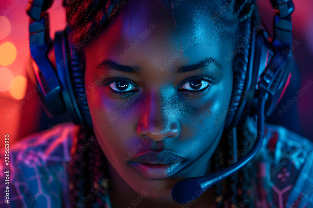 african girl playing professional videogames with headphones african girl playing professional videogames with headphones