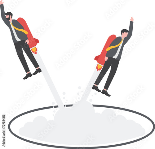 Step out of comfort zone, start new business journey concept. Brave two businessman rides a rocket out of his comfort zone for new success.

