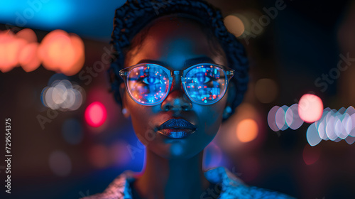 afro american woman Engineer designs AI technology with reflection on eyeglass lenses